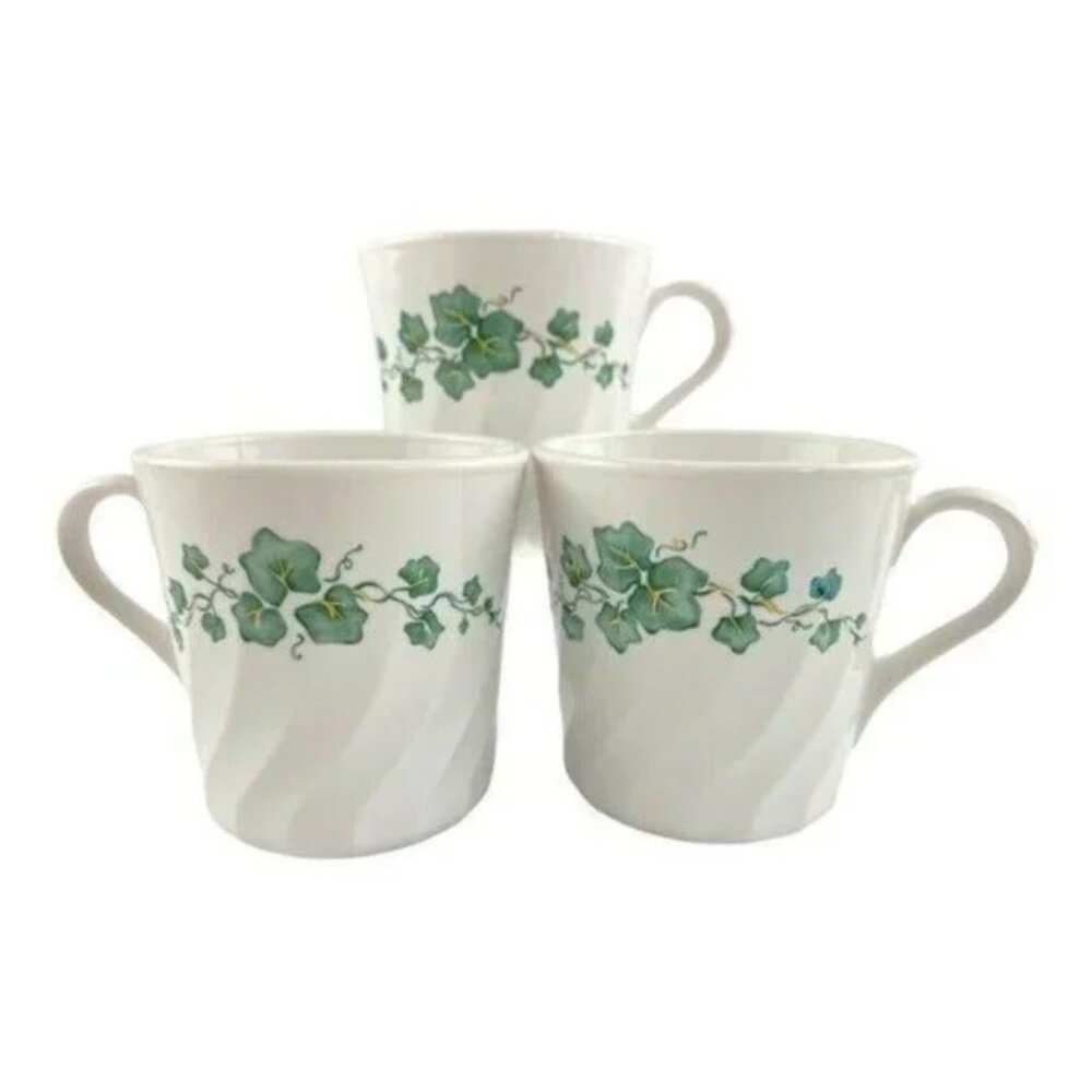 Vintage Corelle Callaway Set of 3 Coffee/Tea Cups Mugs White Ivy Swirl